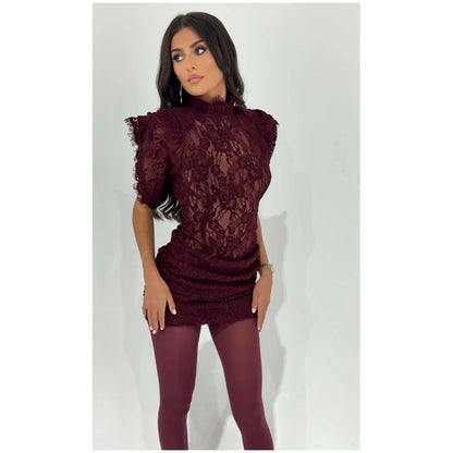 Lace Patchwork Pleated Mini Dress Lady Sexy High Collar Sleeveless Cinched-waist Slim Dresses Women 2026 Evening Party Vestidos