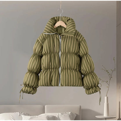 Printed Hooded Puffy Cotton Jacket Women Stand Collar Long Sleeve Zipper Loose Padded Coats 2025 Winter Lady Warm Outwear Street