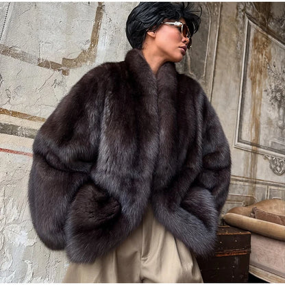 Brown Medium-length Fur Coat Women Lapel Hidden Button Loose  Elegant Outerwear 2025 Fashion Office Lady Commute Overcoat New