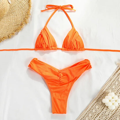 Sexy Bikini Set 2024 New Solid Pleated Bikini Swimwear Push Up Halter Swimsuit White Color Bathing Suits for Women