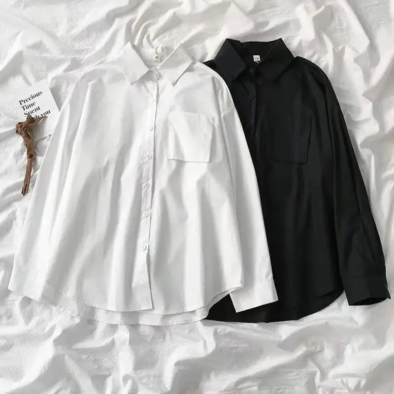 Japanese Style Loose Long Sleeve White Shirts Women Preppy Style Pocket Turn Down Collar Shirt Woman Harajuku Oversized Blouse