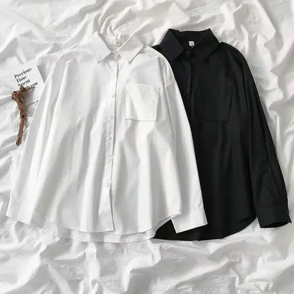 Japanese Style Loose Long Sleeve White Shirts Women Preppy Style Pocket Turn Down Collar Shirt Woman Harajuku Oversized Blouse