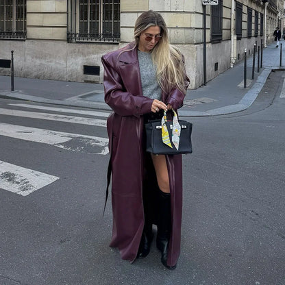 Street Pu Leather Women Long Coat Y2K Solid Belt Lapel Pocket Full Sleeve Female Jacket 2025 Autumn Winter Lady Outwear New