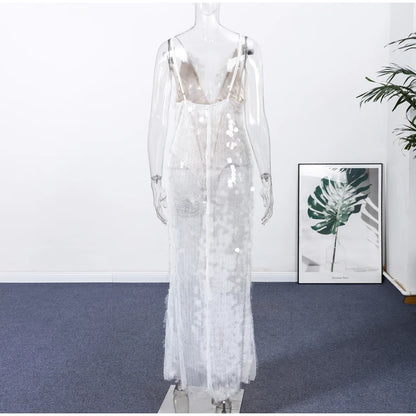 Sequins Lace Splicing Dress Women's Sexy V-veck Shiny Sleeveless Backless Sling Dresses 2026 Spring Summer New Ladies Beach Robe