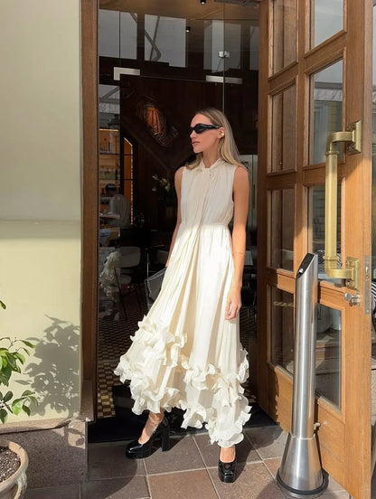 Elegant Ruffle V-neck Maxi Dress Women Chic Lapel Pleated Sleeveless High Waist Dresses Fashion 2025 Summer Lady Vacation Robes