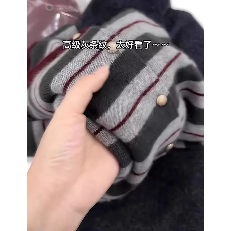 European goods striped cashmere cardigan women spring and autumn new round neck soft waxy senior sense wool knit sweater coat