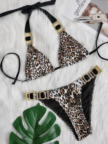 2026 Shiny Rhinestone Diamond Bikini Women Swimsuit Female Swimwear Two Pieces Bikini Set Halter Metal Chains Bathing Suit Swim