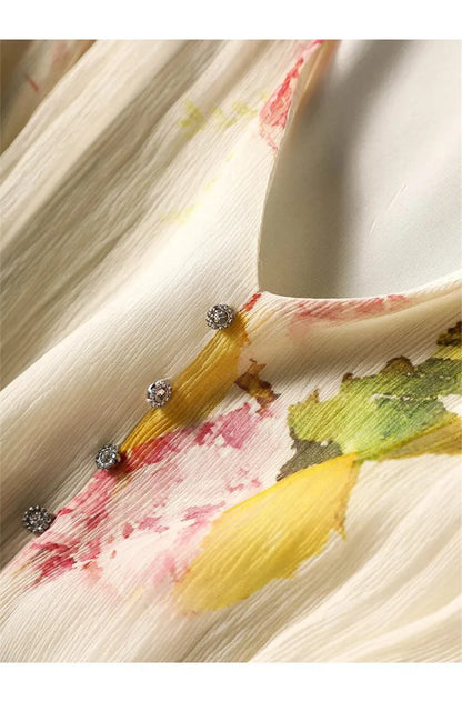 Limiguyue Summer Floral Print Silk Dresses Double Layers Ruffle Beaded Button A-Line Dress Elegant Chiffon Long Vestidos Z044