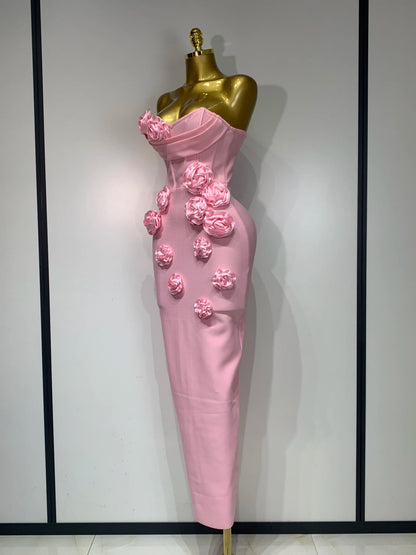 2025 Newest Women Sexy Strapless Backless Red Flower Midi Bandage Dress Celebirty Elegant Evening Club Party Birthday Dresses