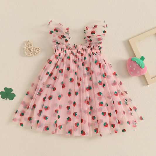 MISOWMNJOY Summer Baby Girls Chiffon Dresses Princess Sleeveless Clover Strawberry Print A-line Dress Mesh Tulle Kids Sundress