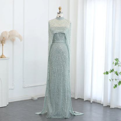 Sharon Said Luxury Pearls Dubai Champagne Evening Dresses with Cape New Arabic Women Mermaid Wedding Party Prom Dress SS369