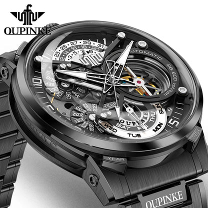 OUPINKE Black Steel Tourbillon Mens Wrist Watches Skeleton Automatic Mechanical Watch Fashion Wrist Watch Mens Sapphire