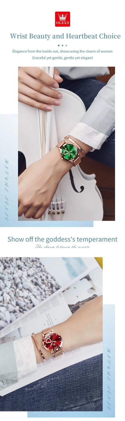 OLEVS 5189 Quartz Watch for Women Diamond Love Heart Design Fashion Elegant Rose Gold Mesh Steel Strap Waterproof Ladies Watches