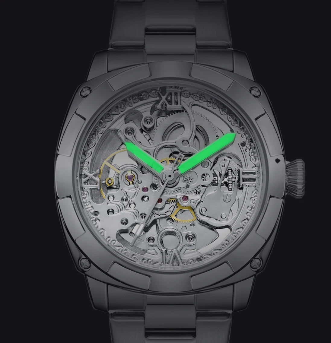 Men automatic watch luxury mechanical watches waterproof skeleton  wholesale stainless steel gift watch