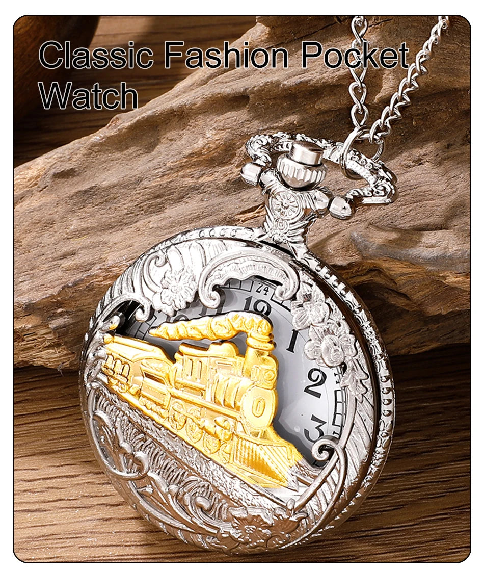 Antique Steam Train Design Pocket Watch with Chain Necklace Vintage Quartz Pendant Watches Clock Chain Mens Women