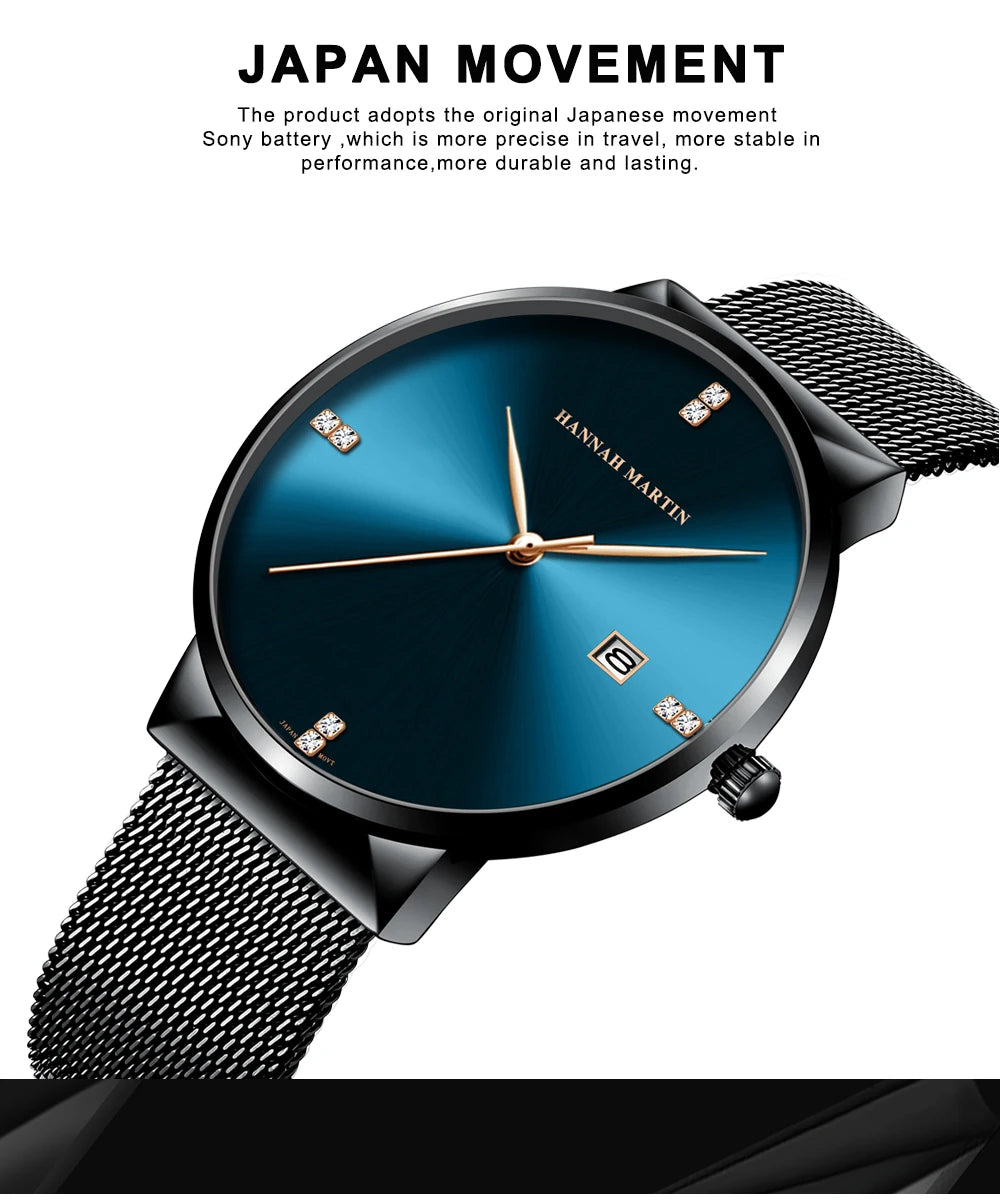 Japanese Original Quartz Movement Watch Luxury Rhinestone 40mm Blue Black Business Style Casual Fashion Stainless Steel Watches