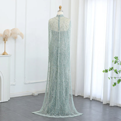 Sharon Said Luxury Pearls Dubai Champagne Evening Dresses with Cape New Arabic Women Mermaid Wedding Party Prom Dress SS369