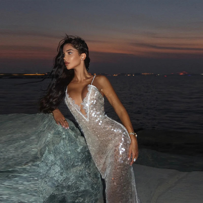 Sequins Lace Splicing Dress Women's Sexy V-veck Shiny Sleeveless Backless Sling Dresses 2026 Spring Summer New Ladies Beach Robe