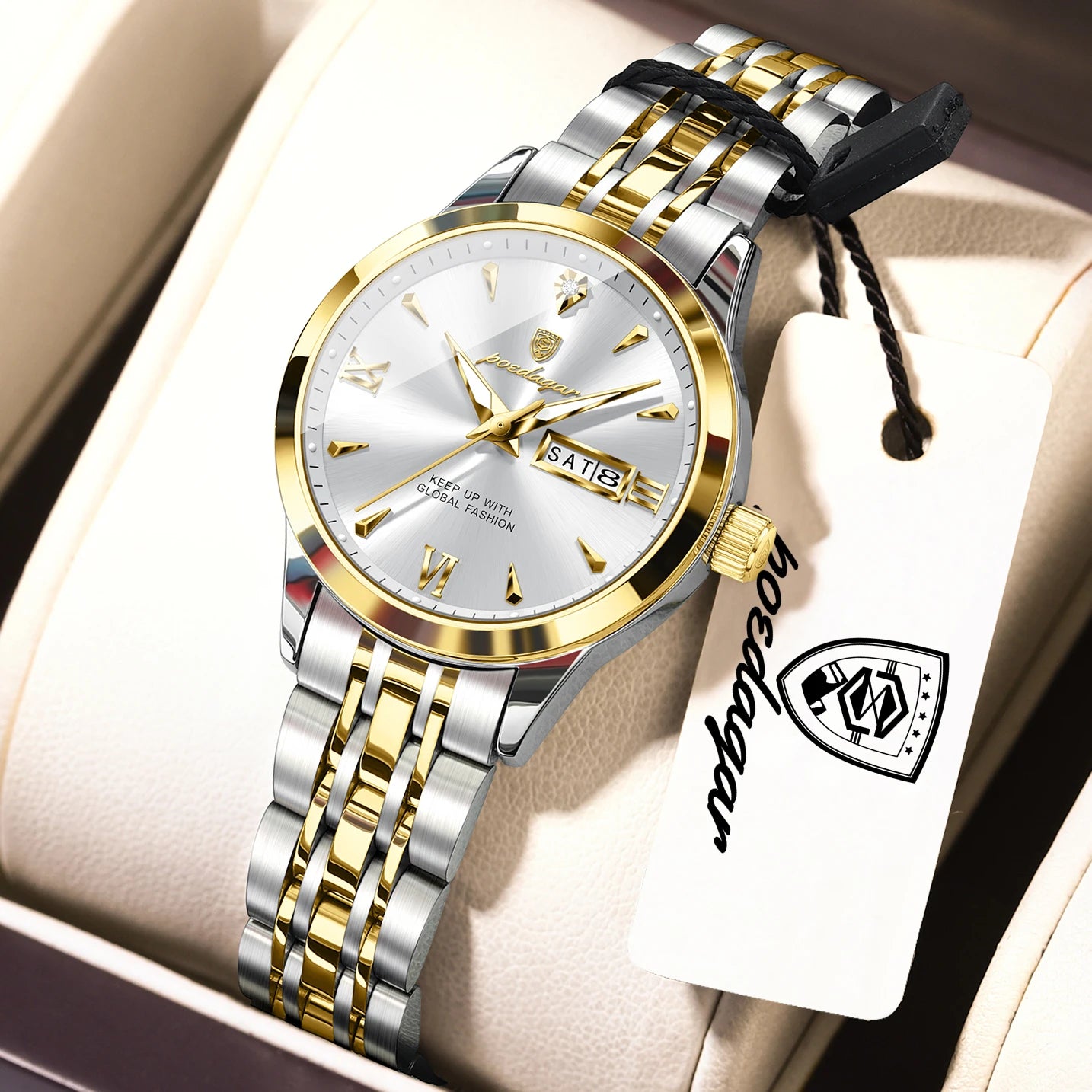 POEDAGAR Elegant Woman Watch Waterproof Luminous Date Week Ladies Wristwatch Stainless Steel Quartz Fashion Women's Watches Gift