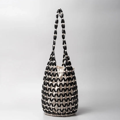Women Woven Hand Bag Summer Design Hollow-out Wooden Bead Tote Bucket Shoulder Bag Female Reticulate Netted Canvas Beach Handbag
