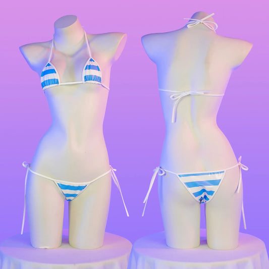 Summer PU Leather Micro Bikini Set Women Swimsuit Stripes Bright Anime Swimwear Erotic Underwear Sexy Lingerie Costume