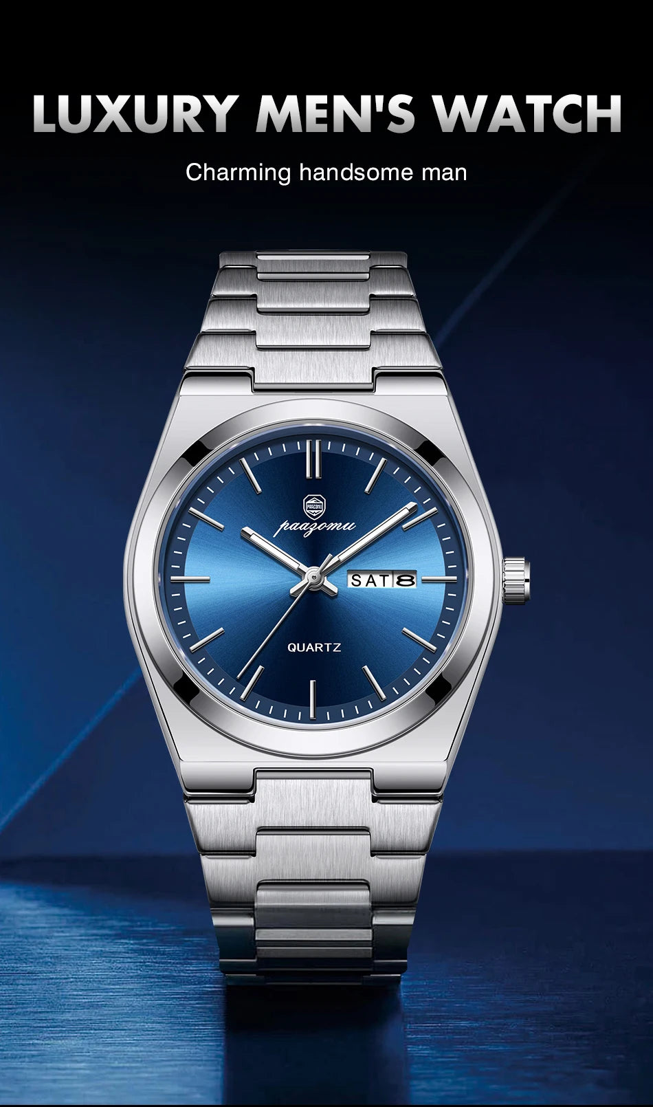 PAAZOMU Luxury Quartz Man Wristwatch Sport Men Watches Waterproof Luminous Date Week Stainless Steel Men's Watch Male Reloj+box