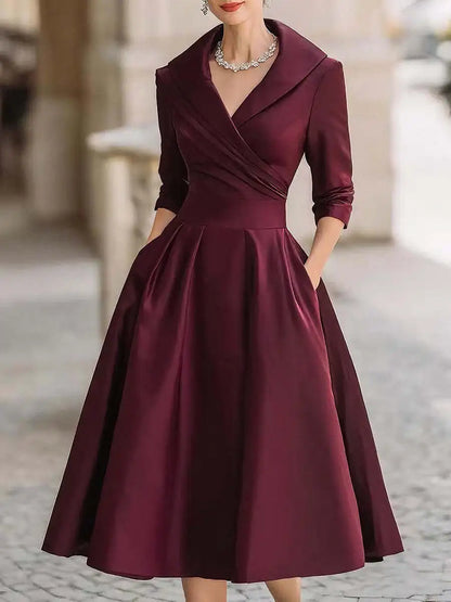 Office Lady Slim A-Line Dress Women 2025 Autumn Winter Fashion Long Sleeve Turn-down Collar Maxi Dresses Elegant Vestidos