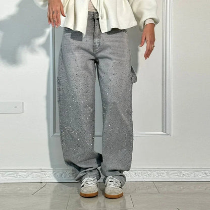 Chic Rhinestone Women's Jeans Y2k Street Oversize Loose Shining Female Wide Leg Pants 2025 Spring Summer Lady Denim Trousers