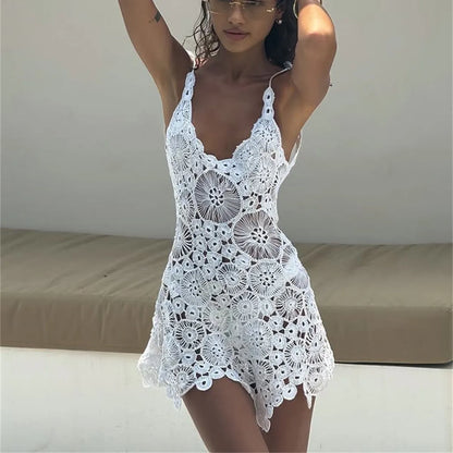hirigin Sexy Women Crochet Swimsuit Coverups Slim U Neck Hollow Out Sleeveless Irregular Hem Mini Summer Beach Dress