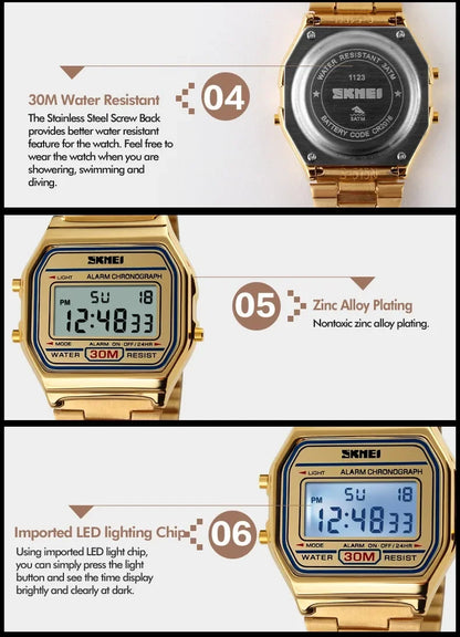 SKMEI 1123 Luxury Retro Digital Sports Watch for Men Stainless Steel Waterproof Mens Wristwatches Steel Clock 1328 Reloj Hombre