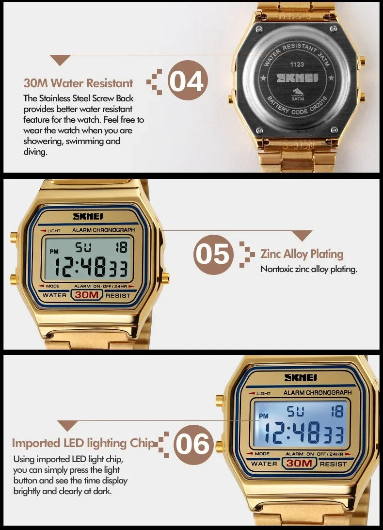 SKMEI 1123 Luxury Retro Digital Sports Watch for Men Stainless Steel Waterproof Mens Wristwatches Steel Clock 1328 Reloj Hombre