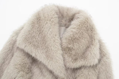 HH Women Fashion Cropped Faux Fur Jacket Coat Long Sleeve Front Snap-button Female Outerwear Chic Lapel Collar Thick Coat