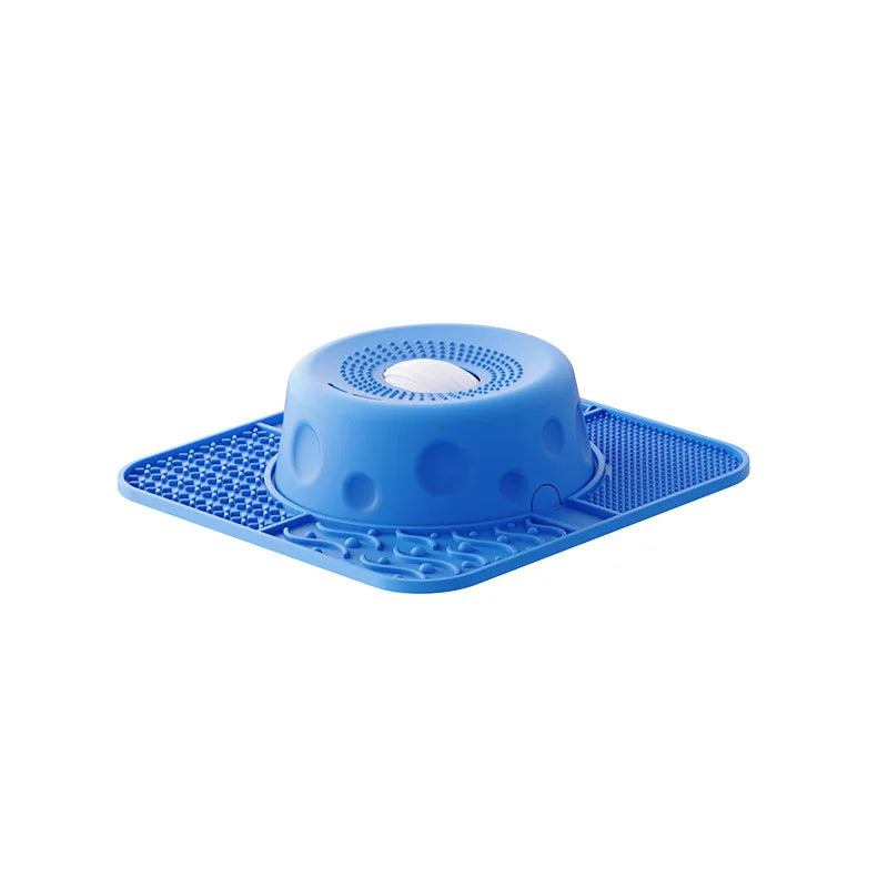 New Double-bowl Pet Licks-and-eats Bowls with Fun Rollers At The Bottom and Suction Cups. for Dogs and Cats. Licking Pads.