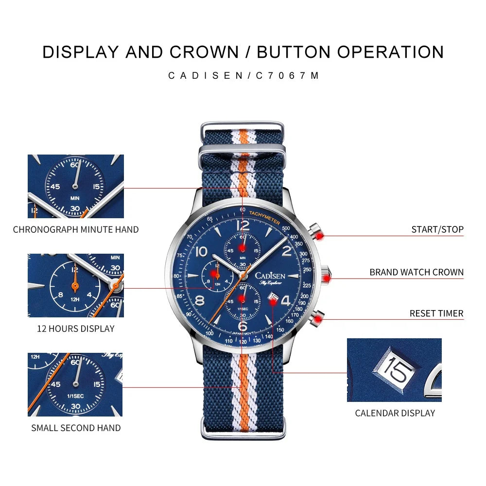 CADISEN Men's Watches Luxury Quartz Watch For Men Japan MIYOTA 0S10 Movt Canvas Strap Chronograph Waterproof Men's Wristwatch
