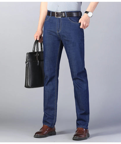 Summer New Elastic Men's Jeans Fashion Comfortable Business Straight Stretch Cotton Casual Denim Pants Brand Male Thin Trousers