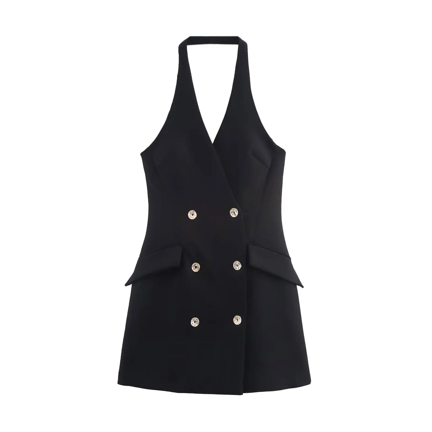 HH Female Sexy Mini Dress Grey Turn-Down Collar Sleeveless Backless Double Breasted Summer A-Line Dresses Woman New Trendy