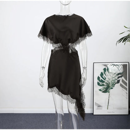 Sexy Lace Patchwork Waist Revealing Dress Women Fashion O-neck Short Sleeve High Waist Slim Dresses Female New Chic Casual Robe