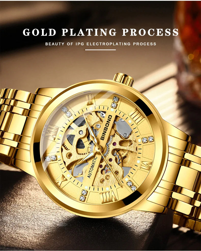 Bindond Mens Automatic Mechanical Watches Top Brand Luxury Stainless Steel Waterproof Hollow Male Wristwatches Relogio Masculino