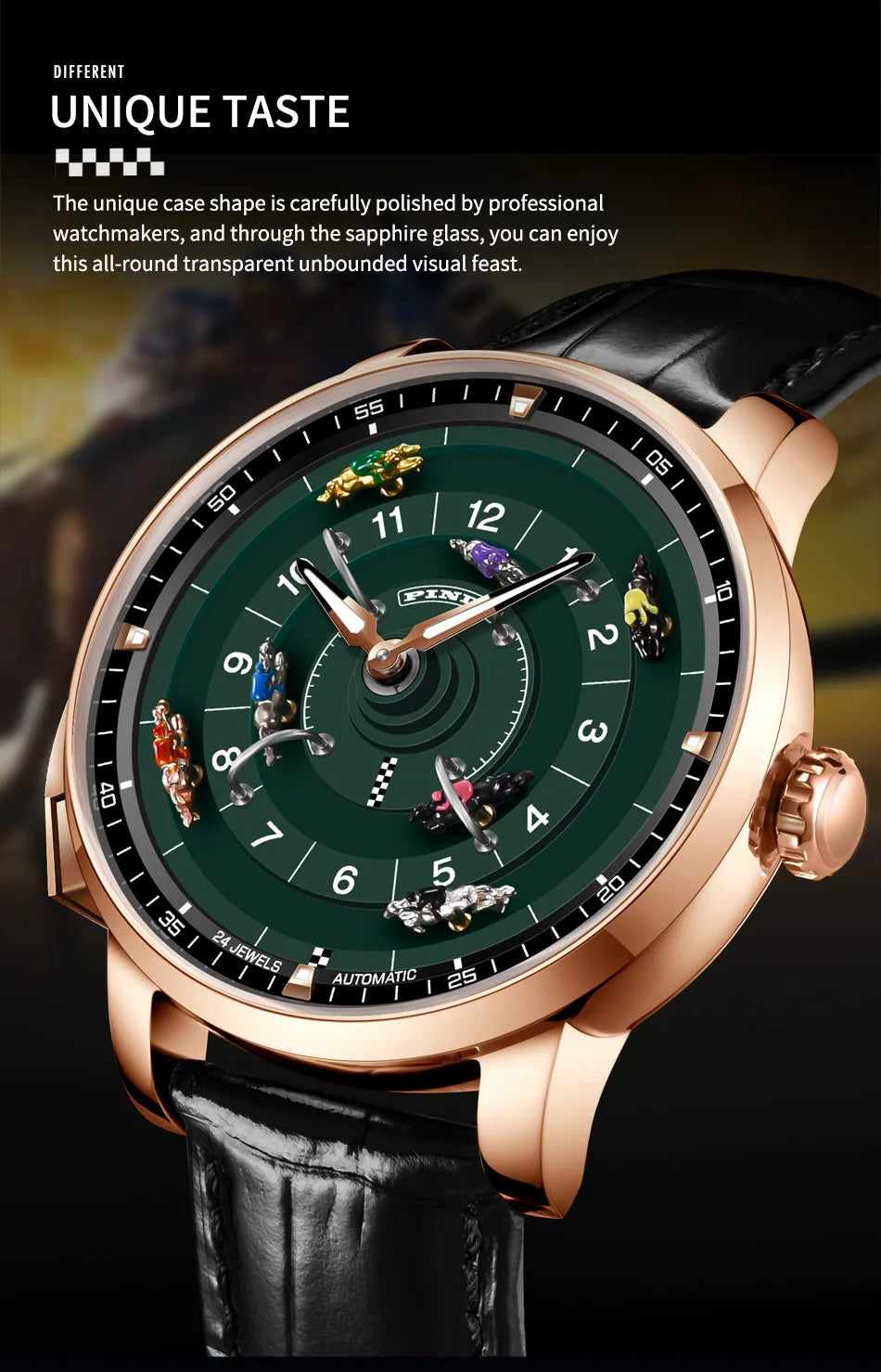 PINDU New Original Design Competitive Horse Racing Watches NH35A Sapphire Stainless Steel Luminous Leather Mechanical Watch Men