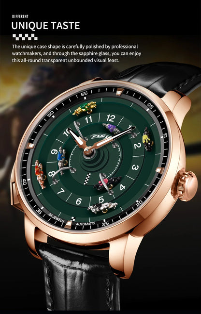 PINDU New Original Design Competitive Horse Racing Watches NH35A Sapphire Stainless Steel Luminous Leather Mechanical Watch Men