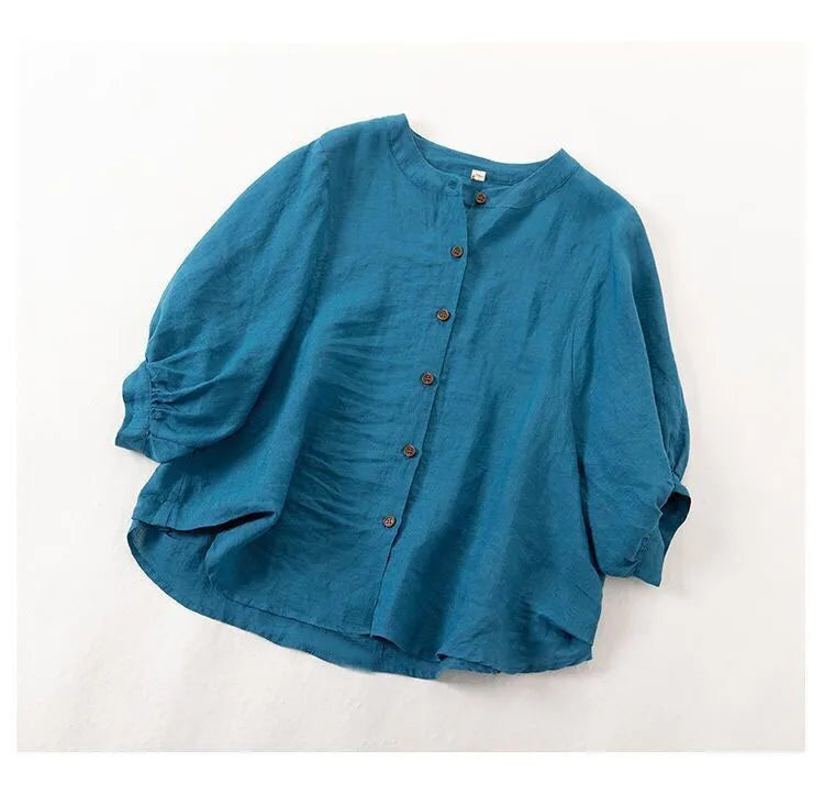 Cotton and linen shirt women's spring and summer thin solid color lantern sleeve stand collar top loose large size shirt