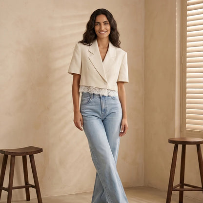 Solid Lapel Lace Patchwork Half Sleeve Shorts Set Women Chic Single Breasted Tops Pockets Pants Suits 2026 Daily Street Outfits