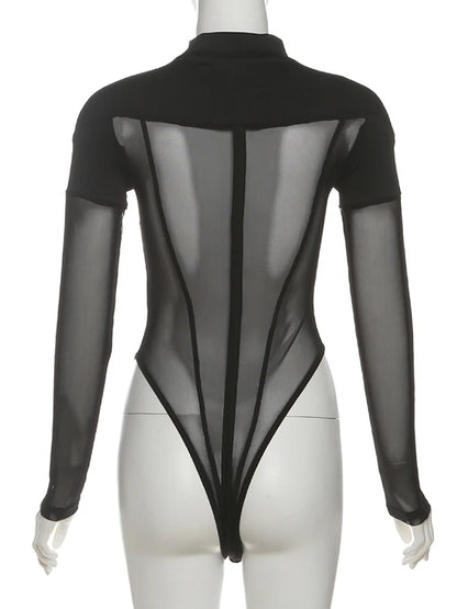 Weird Puss Coquette See Through Bodysuit Women Sexy Wild Mesh Hipster Patchwork Full Sleeve Midnight Stretch Street Clubwear
