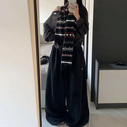 Oversize Cotton Woman Black Sweatpants Y2K Korean Streetwear Loose Casual Jogger Pants High Waist All Match Drawstring Trousers