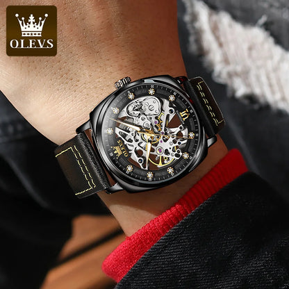 OLEVS 6651 Transparent Hollow Automatic Watches for Men Leather Strap Tonneau PUNK Style Mechanical Writwatch Luxury Man Watch