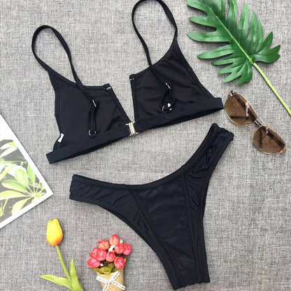 Splicing Denim V Shaped Thong Bikini Women Swimsuit Female Swimwear Two Pieces Bikini Set Bather Push Up Bathing Suit Swim Lady