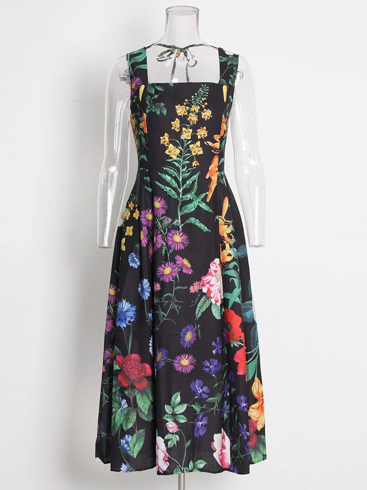 TWOTWINSTYLE Summer Loose Dress For Women Square Collar Sleeveless High Waist Print Colorblock Midi Dresses Female Clothing 2022