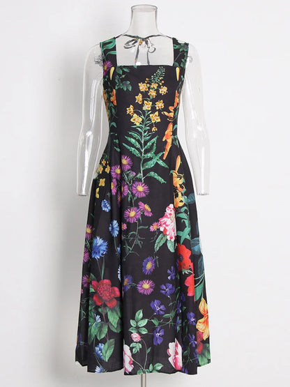 TWOTWINSTYLE Summer Loose Dress For Women Square Collar Sleeveless High Waist Print Colorblock Midi Dresses Female Clothing 2022