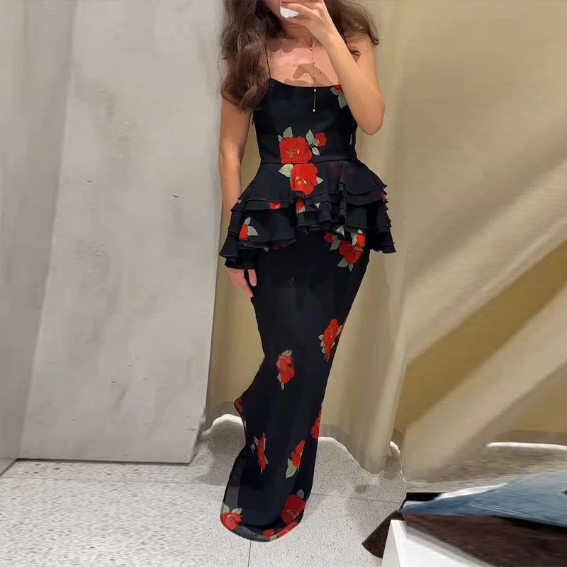 Printed Ruffle Top Skirt Set Women Slim Sling Sleeveless Backless Vest Straight Long Skirts 2025 Summer Elegant Sexy Lady Outfit