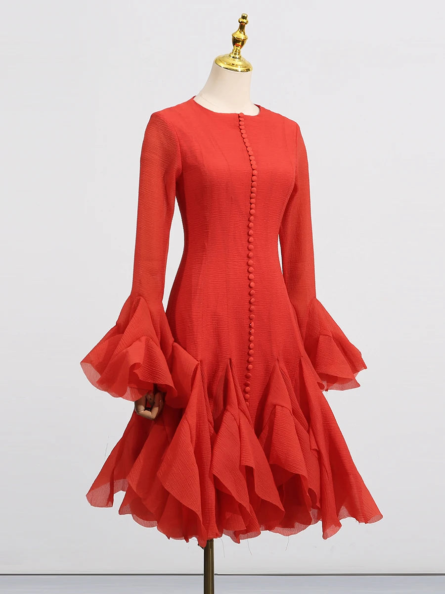 VGH Sweet Ruffles Elegant Knee Length Dresses for Women Round Neck Flare Sleeve High Waist Spliced Button  A Line Dress Female